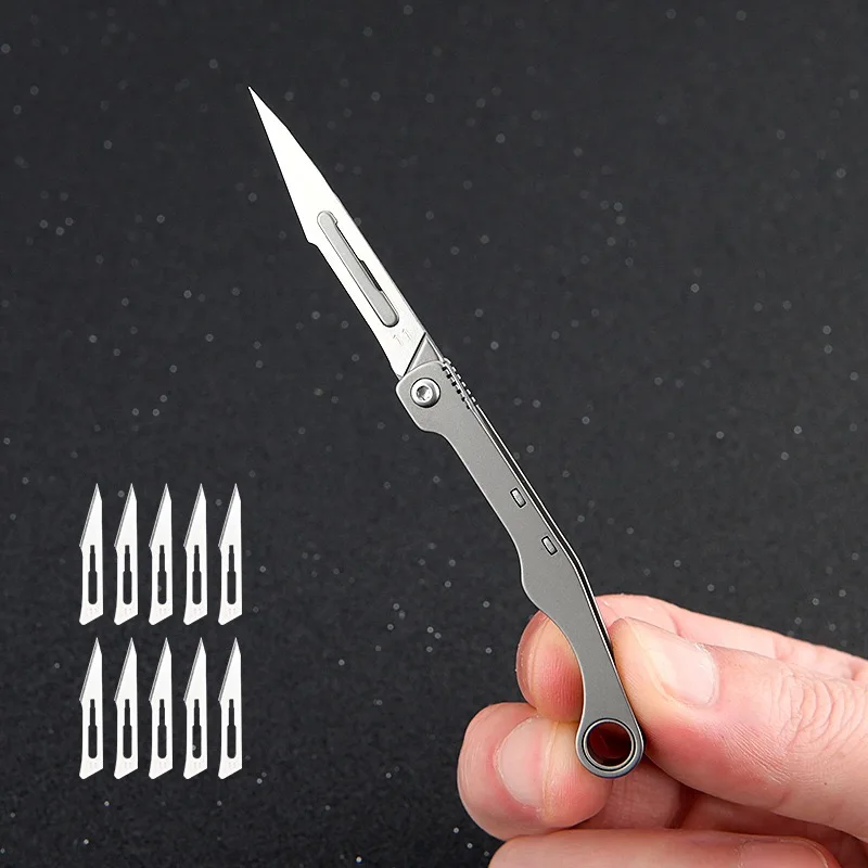 Mini Titanium Alloy Folding Surgical Knife, Medical Outdoor Open Box Portable Surgical Knife with 10pcs Replaceable Blades