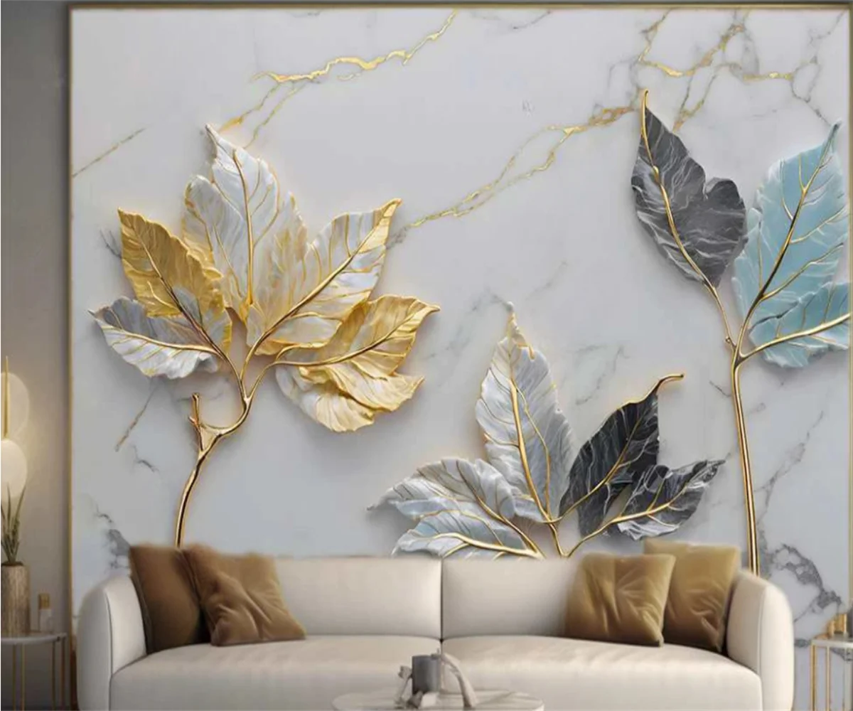 High-Definition Customized Gold Leaf Marble Wallpaper for TV Sofa Foyer Background wall Decor Custom Relief flower wallpaper