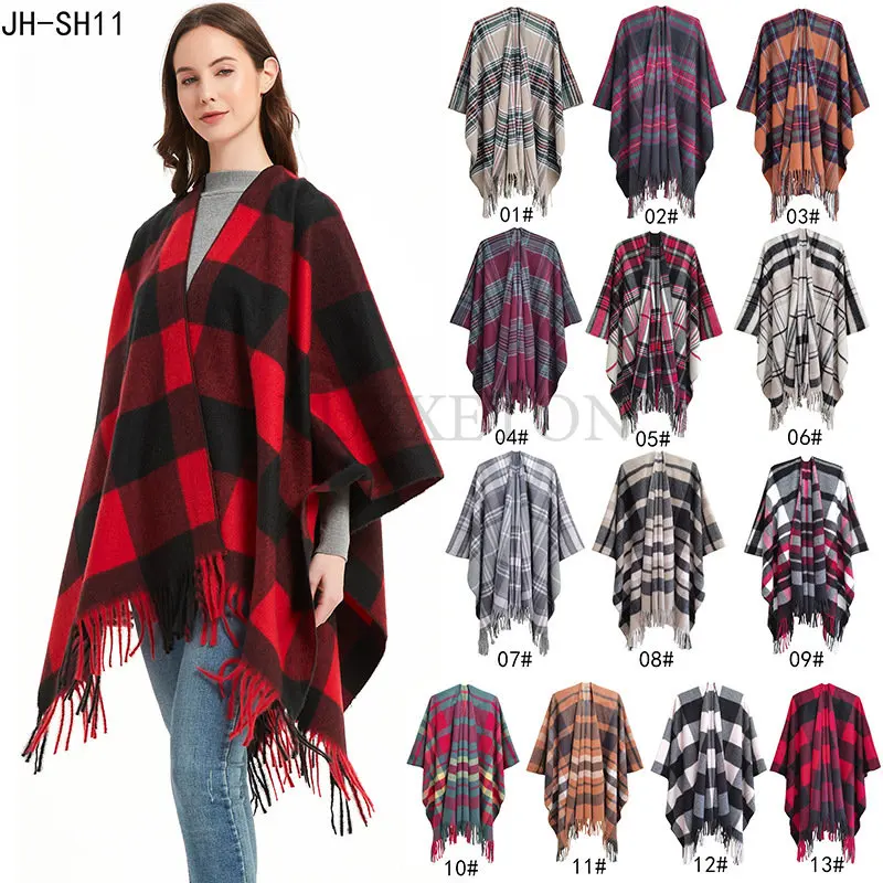 Women Faux Cashmere Air Conditioning Capes Female Long Thick Vintage Shawl Oversize Cardigan Plaid Winter Poncho Streetwear