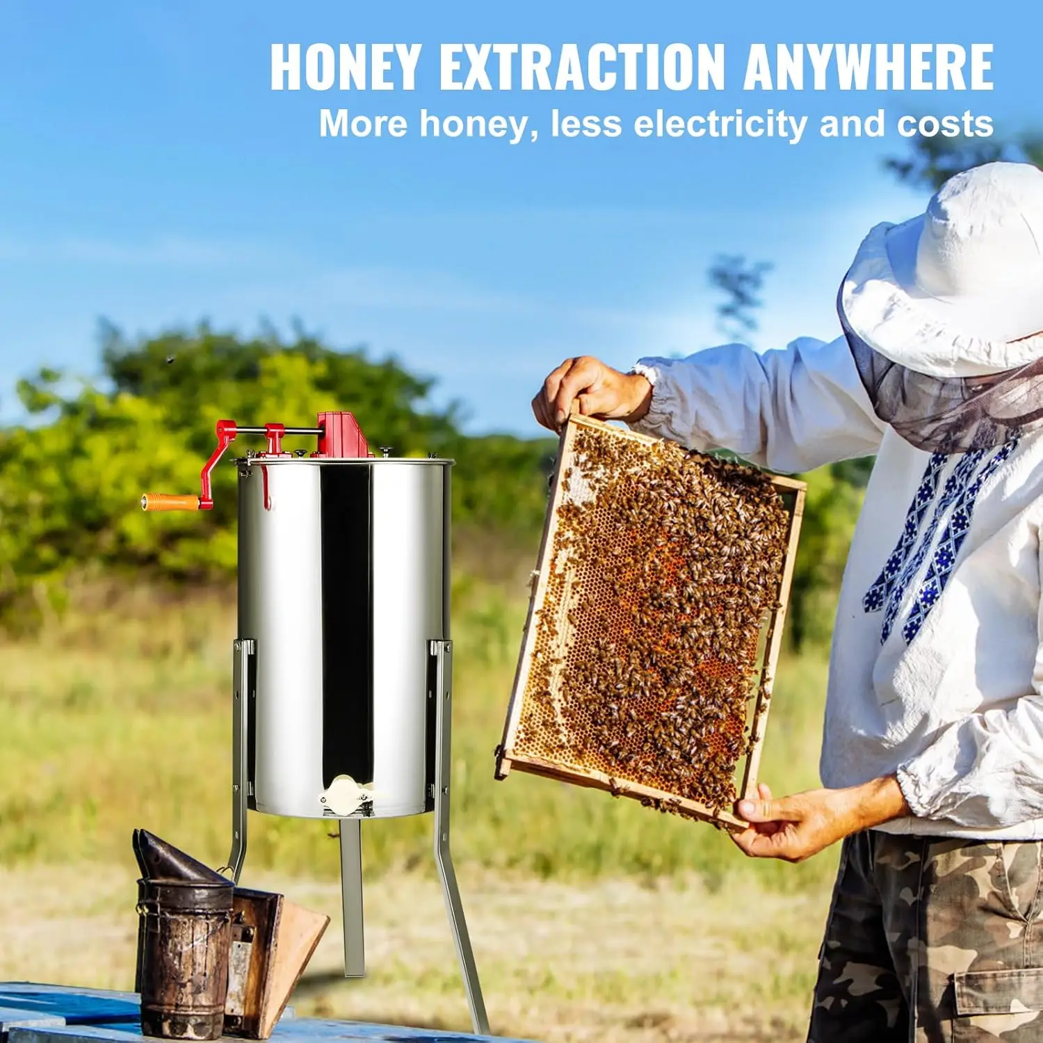 Honey Extractor, 2/4 Frame Stainless Steel Manual Beekeeping Extraction, Honeycomb Drum Spinner with Transparent Lid, Silver