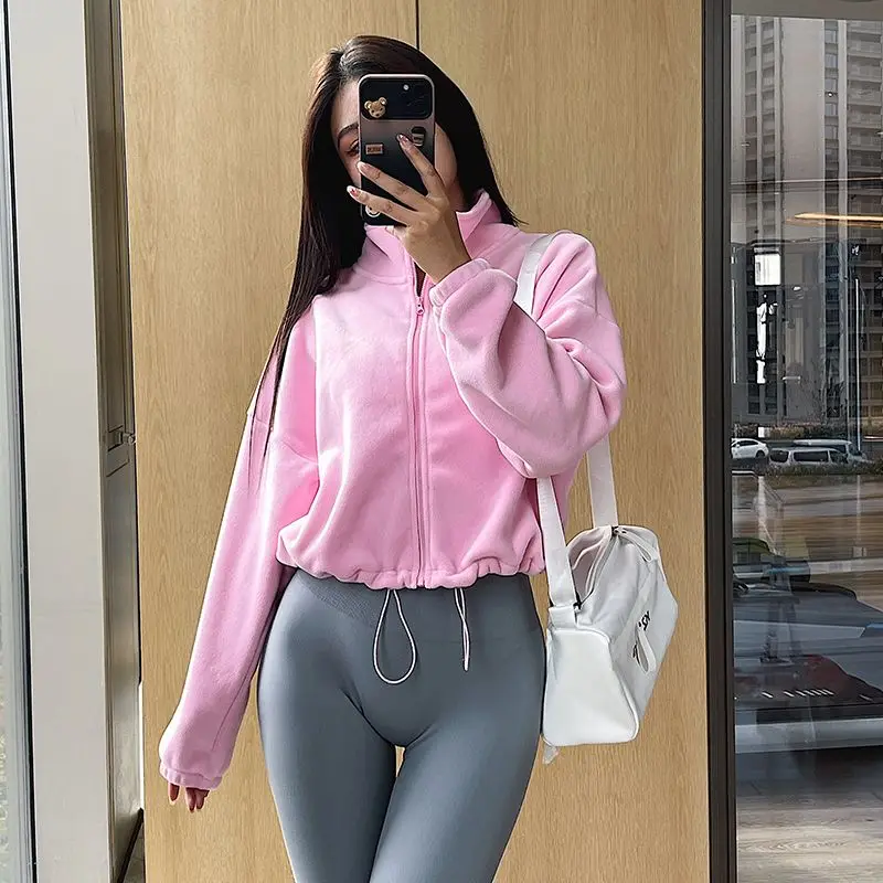 

2025 Autumn and Winter New Drawstring Waist Shake Fleece Sports Coat Women's Stand Up Collar Long Sleeve Loose Warmth Thickened
