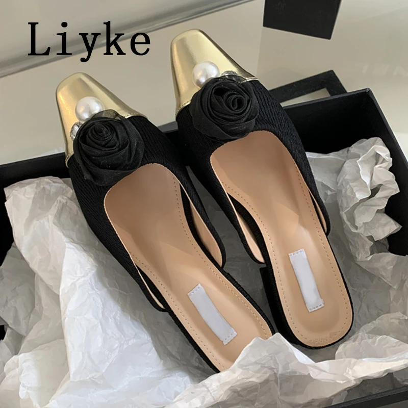 Liyke Fashion Design Flowers Pearl Square Toe Mules Slippers Ladies Dress Shallow Slip On Slingback Shoes Low Heels Women Pumps