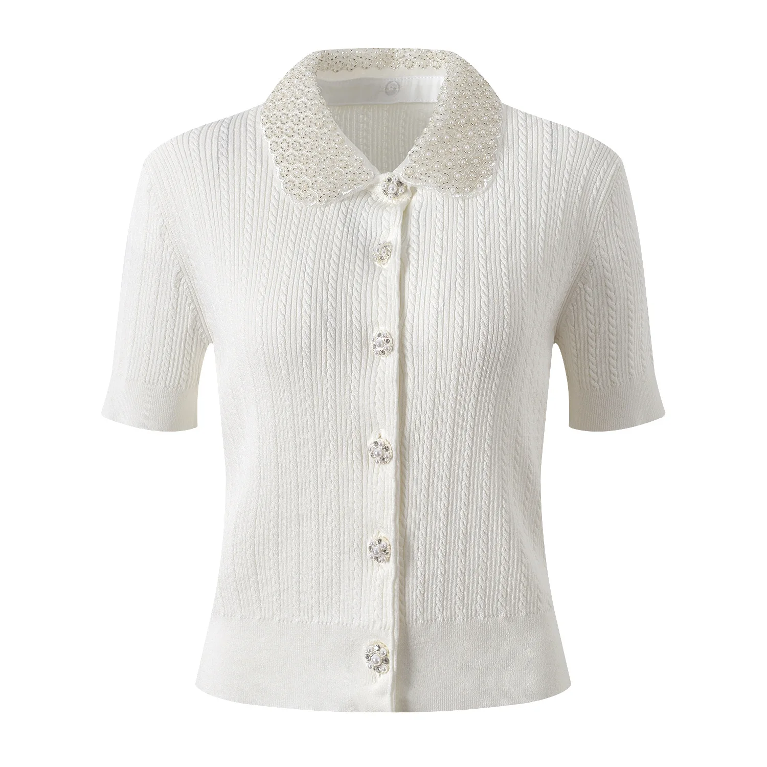 

Ele ort Sve Вязаный кардиган Женский топ с кукольным воротником, украшенный бусинами, весна-лето Faion