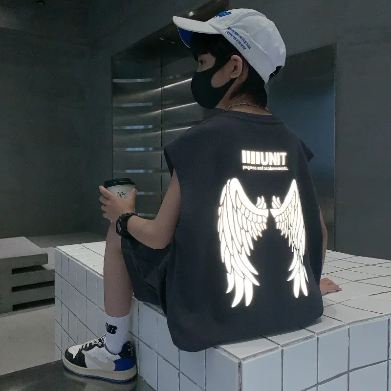 Fashion Boys Clothes Summer Sleeveless Vest & Loose Shorts 2 Pieces Set Teenage Boy Sport Tracksuit Angel Wings Print Outfit