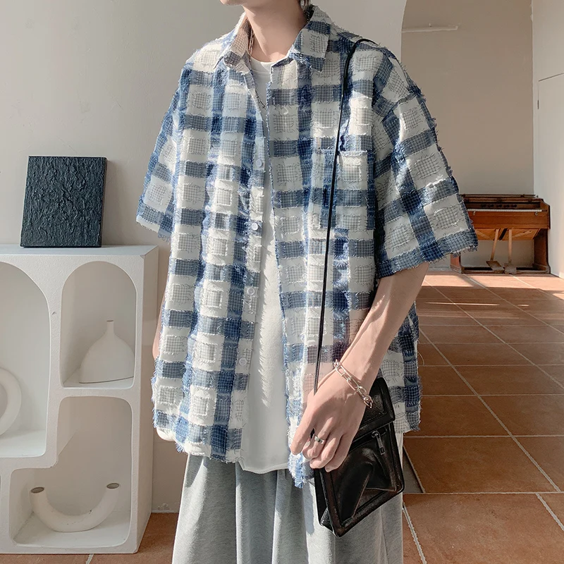 

Blue Tassel Plaid ort Sve Men's irt Summer High-End Feeling Cool Seven Sve irt Trendy Brand Youthful Outerwear