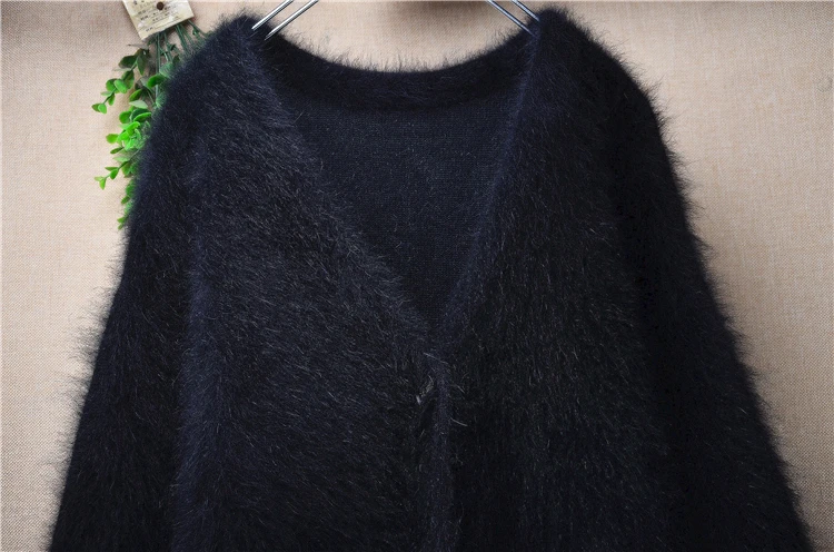 1.4KG Heavy Thick Female Women Fall Winter Black Mink Cashmere Knitted Long Sleeves V-Neck Loose Long Sweater Cardigans Coat