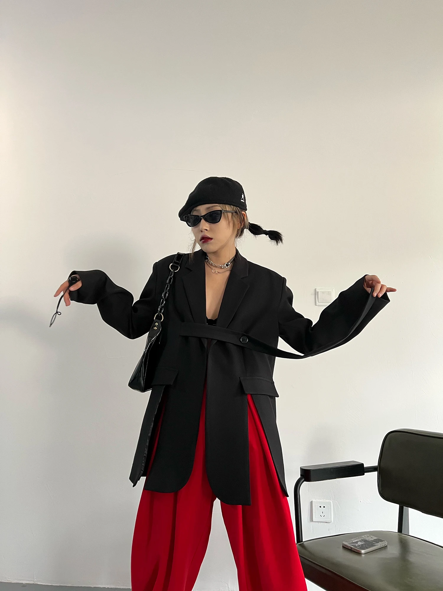Tannt Women Blazer Irregular Split Bandages Black Gray Women Blazers And Jackets Asymmetry Vintage Fashion Long Blazer Oversize