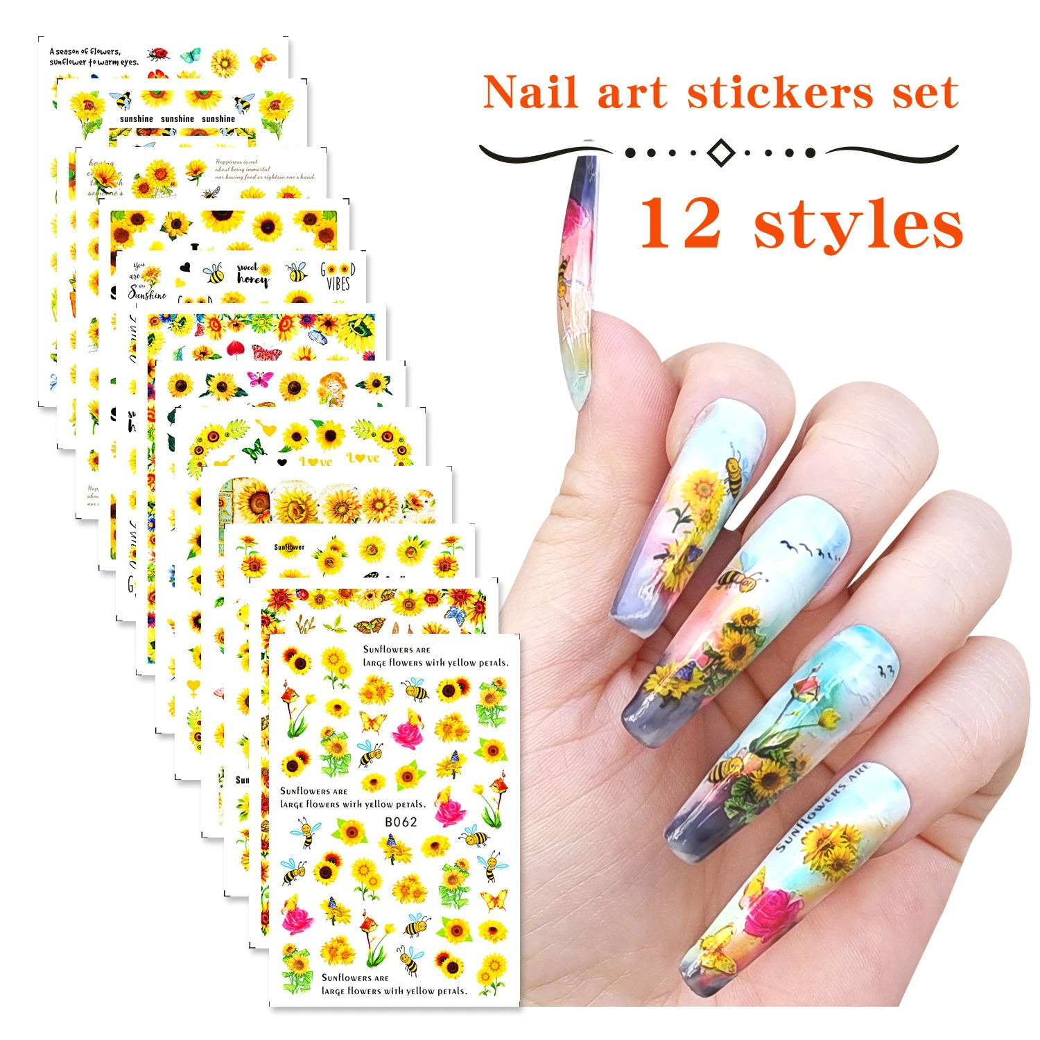 

12Pcs Sunflower Nail Stickers Floral Flower Nail Art Water Decals Transfer Foils for Nails Supply Watermark Daisy Flowers Design