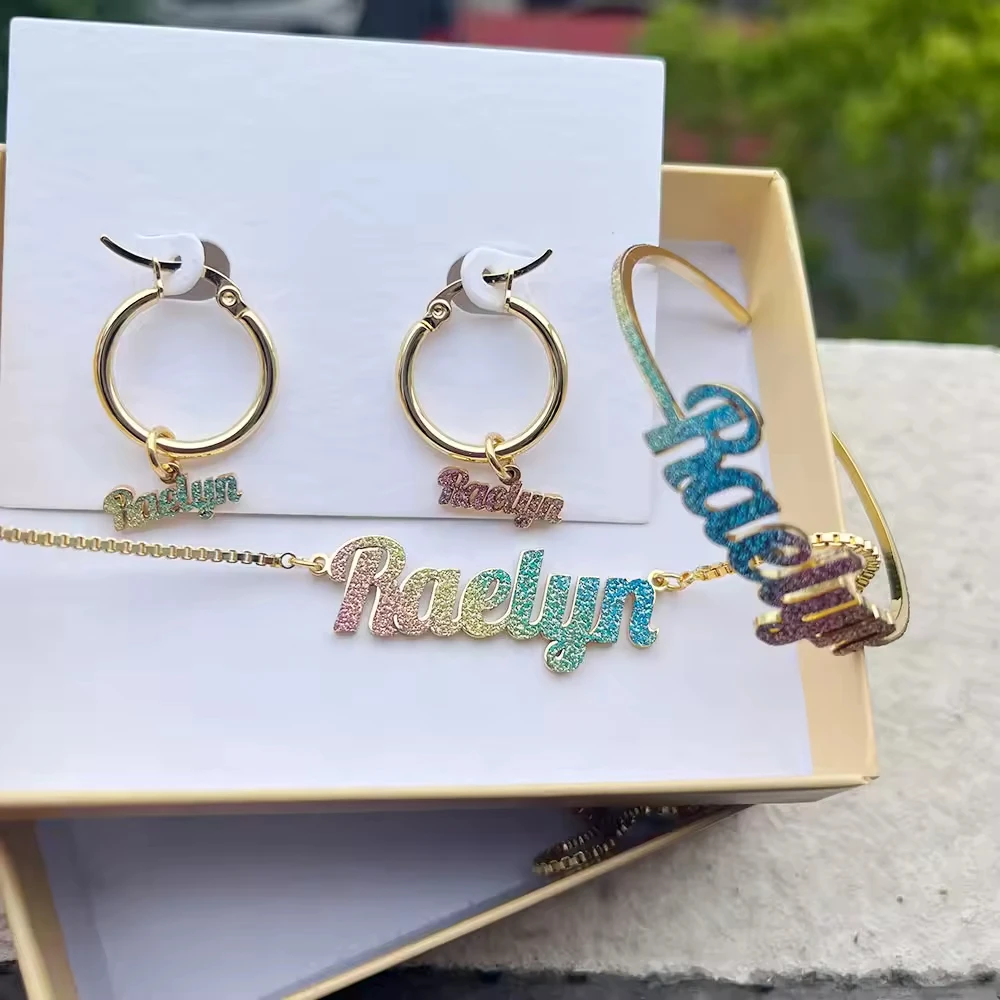 

DUOYING Custom Name Bling Set Personalised Box Chain Necklace Stainless Steel Hoop Earrings Letter Cuff Bangle For Jewelry Gift