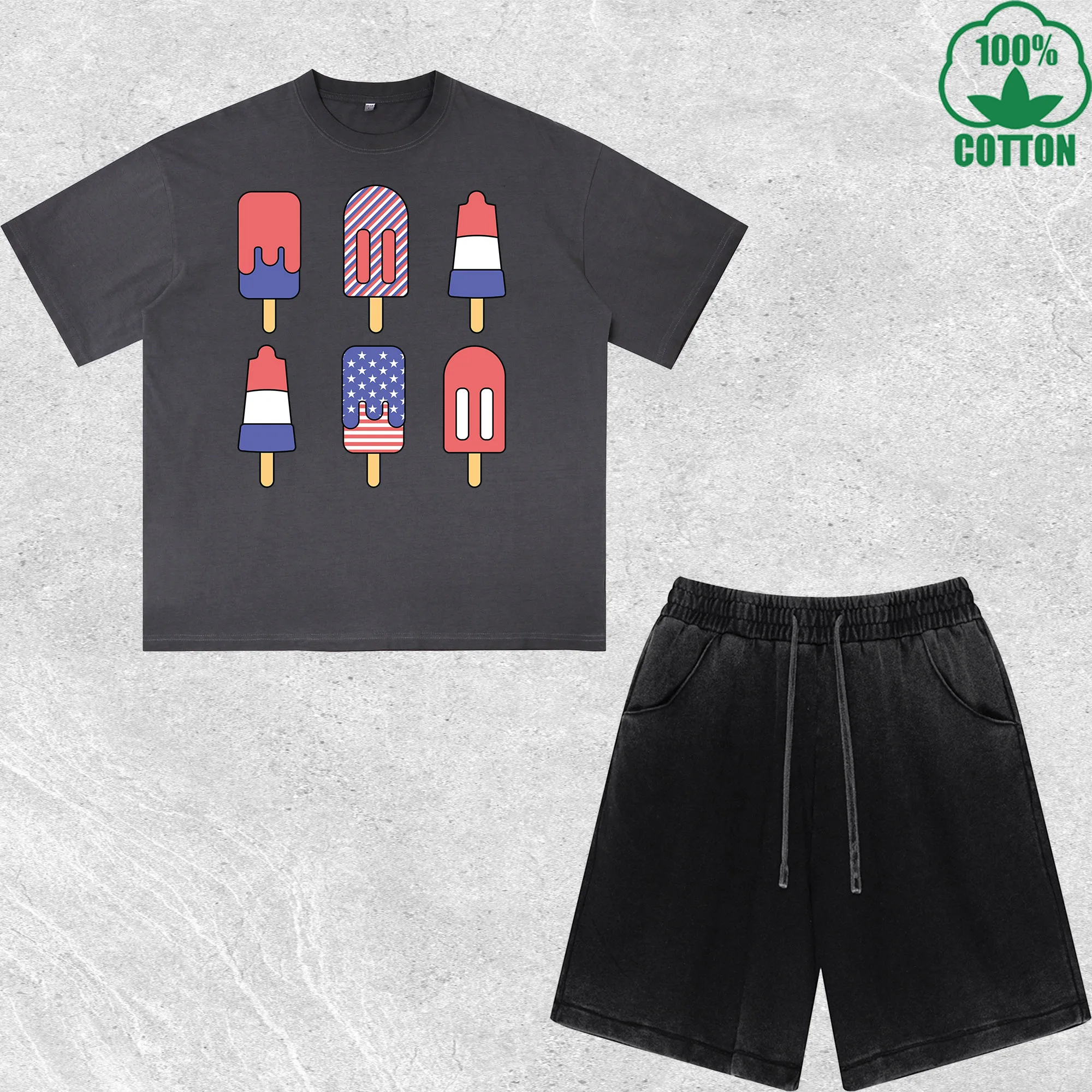 

American-Style Popsicle Printed Dirty Wash T-Shirt Shorts Set Combo Loose Trendy Fashionable 100%Cotton Black Suit