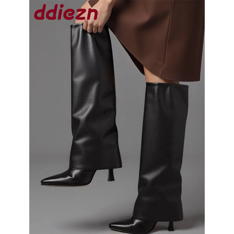 

Зима-Осень, женские сапоги челси до колена 2025 года, модная обувь на низком каблуке, женская повседневная обувь без шнуровки, женские длинные сапоги в стиле вестерн