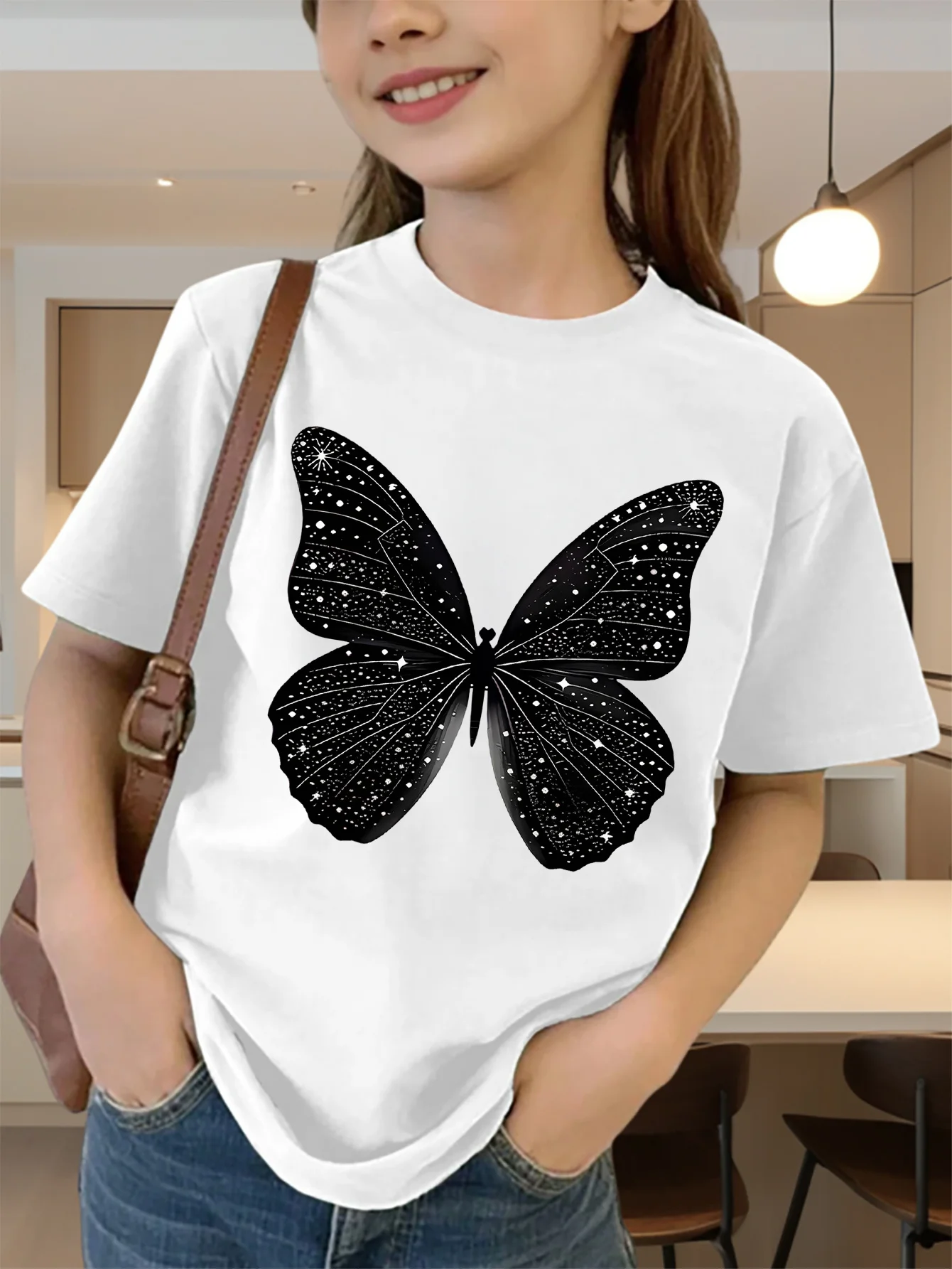Cute Black Starry Butterfly Print Graphic Kids Tee Boys Girls Family Matching Cotton Crew Neck Short Sleeve Soft Summer Tee