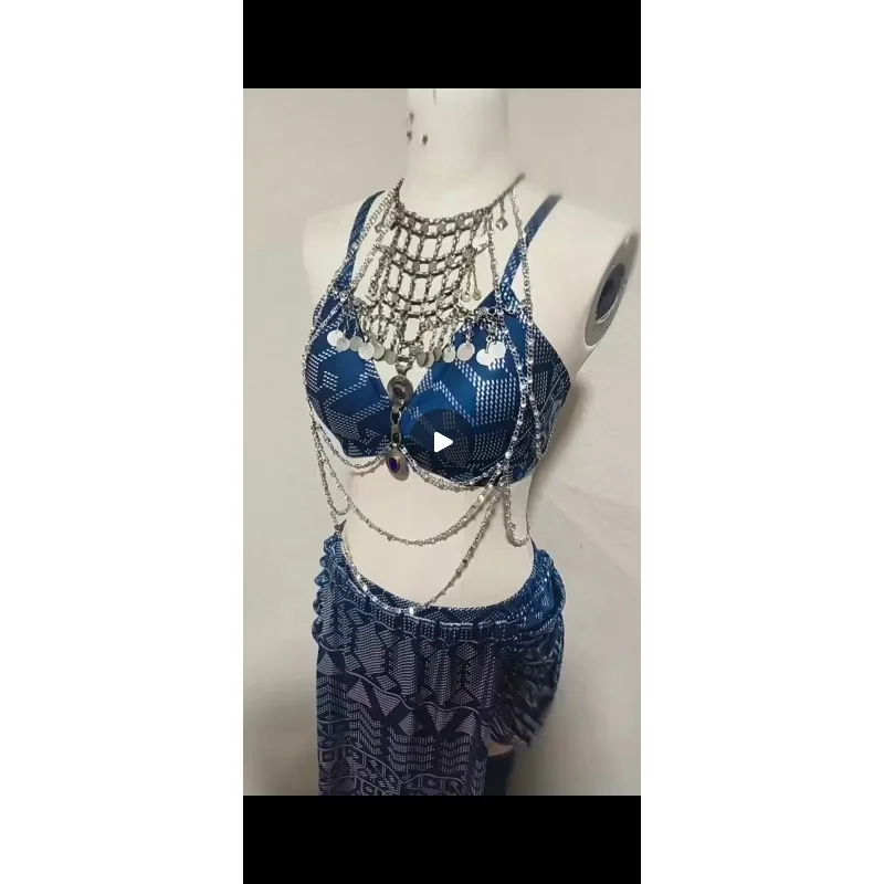 customized Performance training style Asseit blue silver top and hip scarf skirt two-piece set exotic dancewear