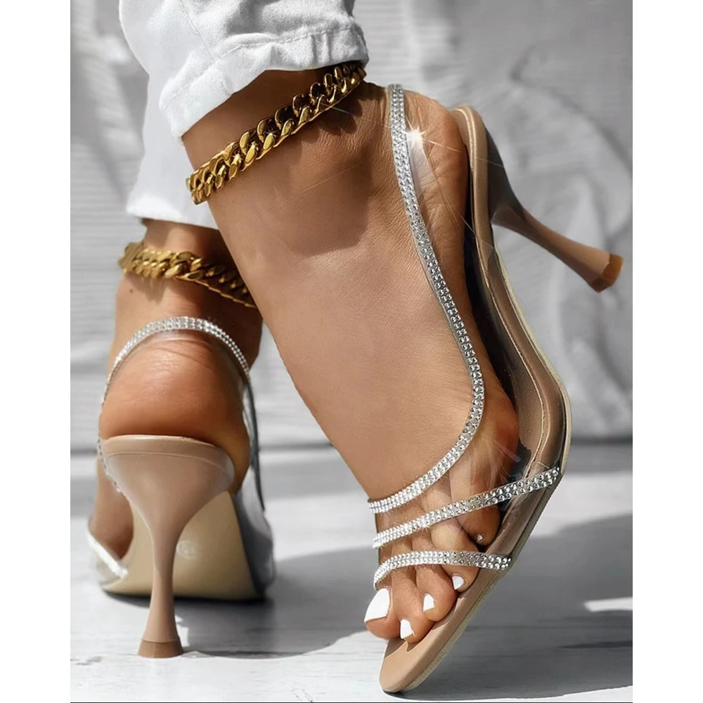 

Women Rhinestone Decor Heeled Sandals Pointed Toe Thin Heel Pumps Korean Style High Heels Women