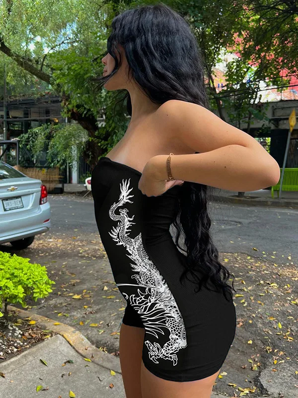 

Sexy Dragon Print Strapless Romper Sleeveless Bodycon Romper Tube Wrap Bust Playsuit Slim Sporty High Waist Short Jumpsuit