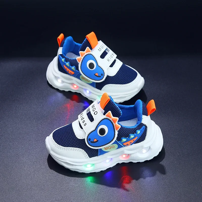 Kids Dinosaur LED Flash Sneakers Boys Breathable Mesh Light Up Casual Sports Footwear For Toddlers 1 To 6 Years Old Daily Casual