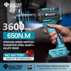 Electric Goddess 650N.m Brushless Impact Wrench LED 3600RPM Cordless Wrench Car Repair Only Tool For 18V Makita Battery