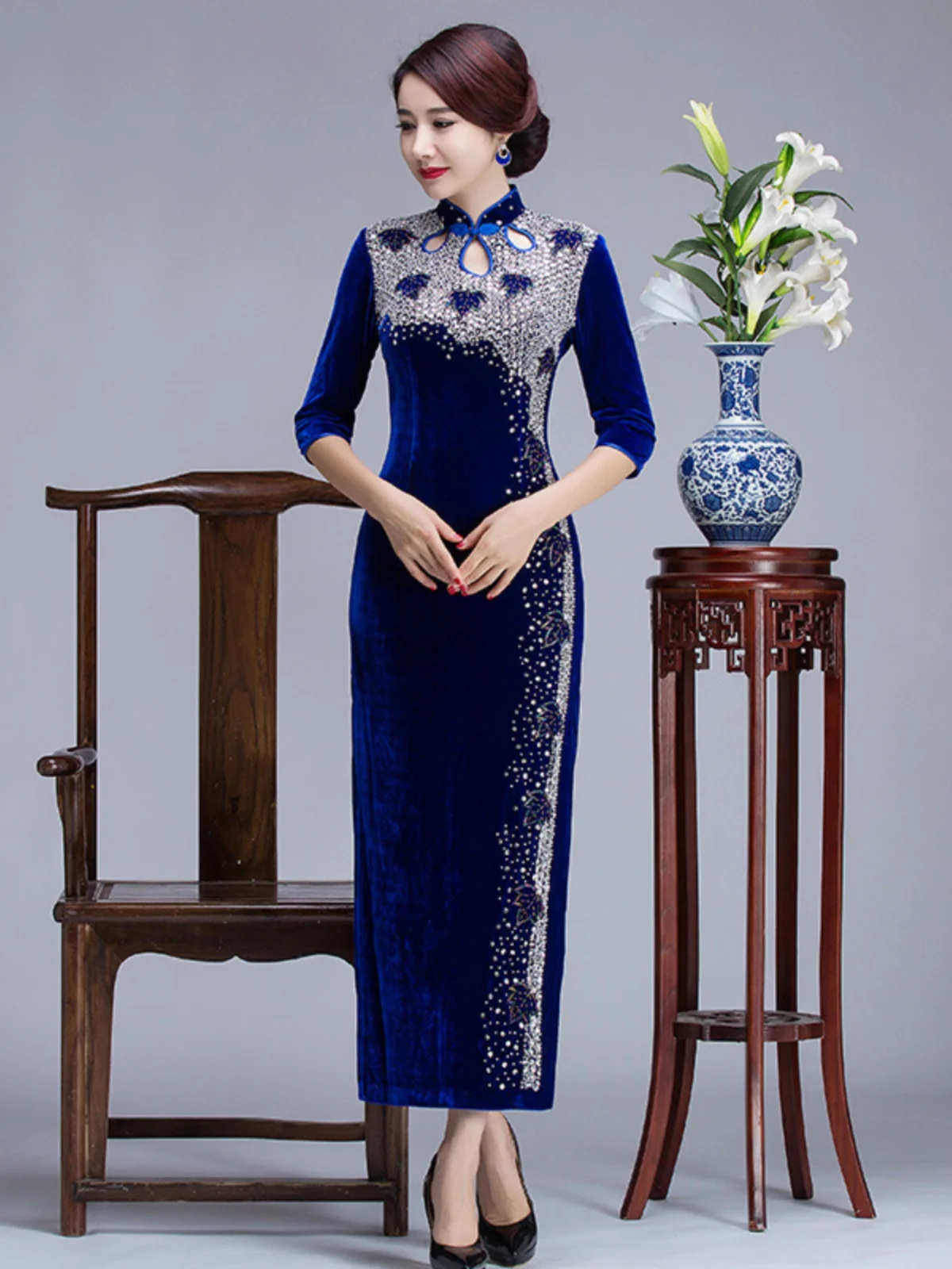 

Ele Long Velvet Qipao for Mom Wedding Dr High Class ow Performance Spring Faionable Traditional Chinese Costume