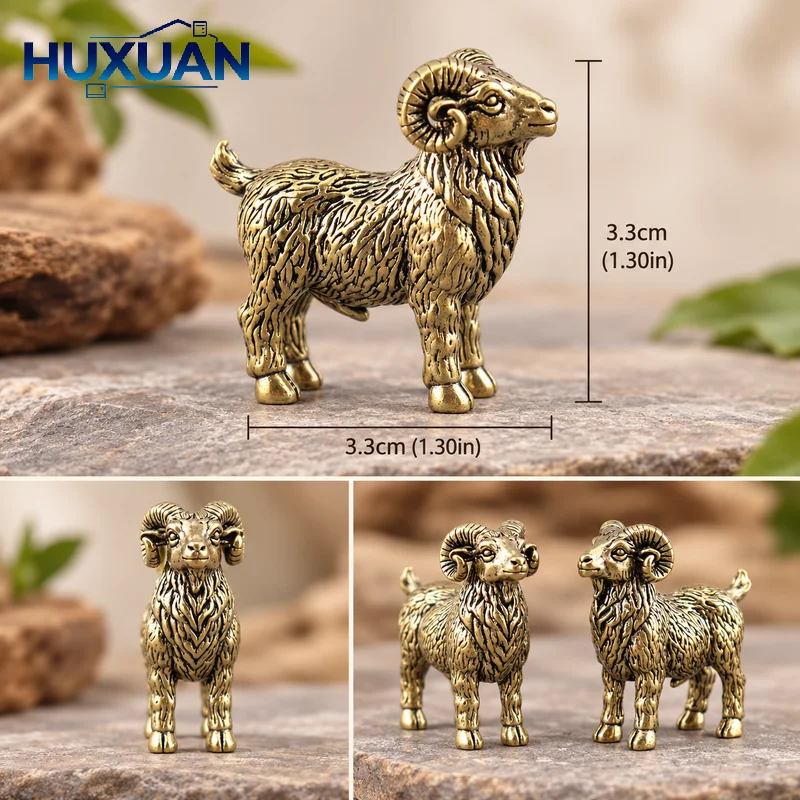Ram Goat Figurine Brass Miniature Animal Statue Desktop Ornament Vintage Home Decor Crafts Accessory