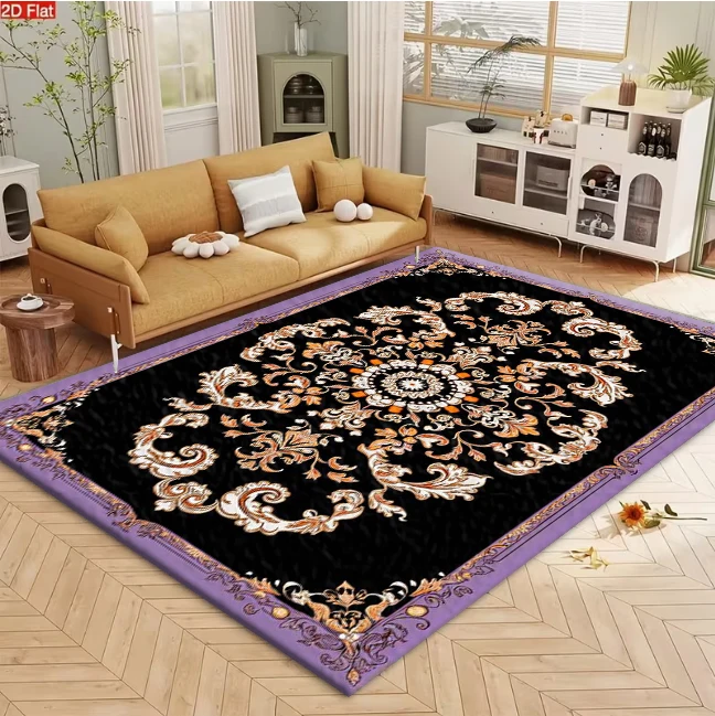 Luxury Black Purple Gold Baroque Ornate Medallion Carpet Flooring, European Vintage Royal Floral Scroll Print Area Rug for Living Room Bedroom Home Decoration