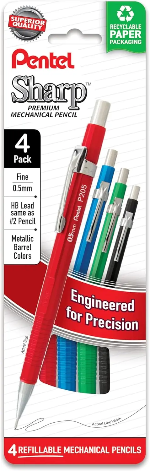 

Metallic Mechanical Pencil Set, 0.5mm Fine Point, Assorted Colors, 4 Pack for Writing & Drawing