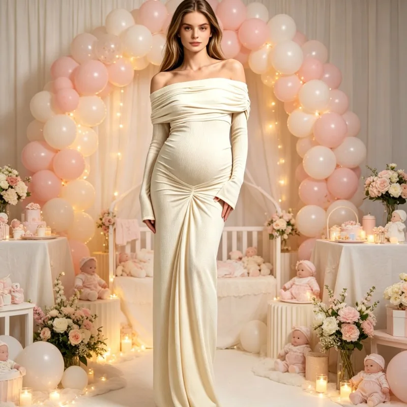Off Shoulder Maternity Gown Long Sleeve Ruched Belly Maxi Dress, Stretch Bodycon Mermaid Photoshoot Dress For Baby Shower Party view 6