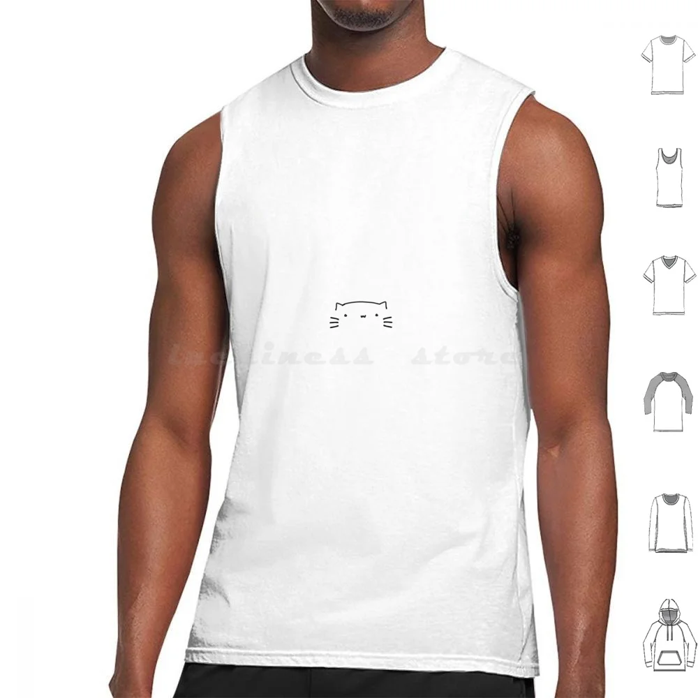 Cat. Tank Tops Print Cotton Cat Cute Funny Meow Minimal Dog Pets Pet Line White Black Minimalistic Paw Paws Eyes Whiskers