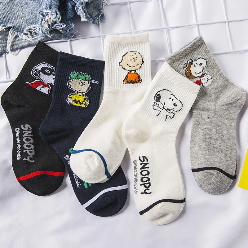 5 Pairs Adult Snoopy Socks Women and Men Spring Fall Cotton Socks Cartoon Sport Mid Calf Socks Average Size 18-40 Years