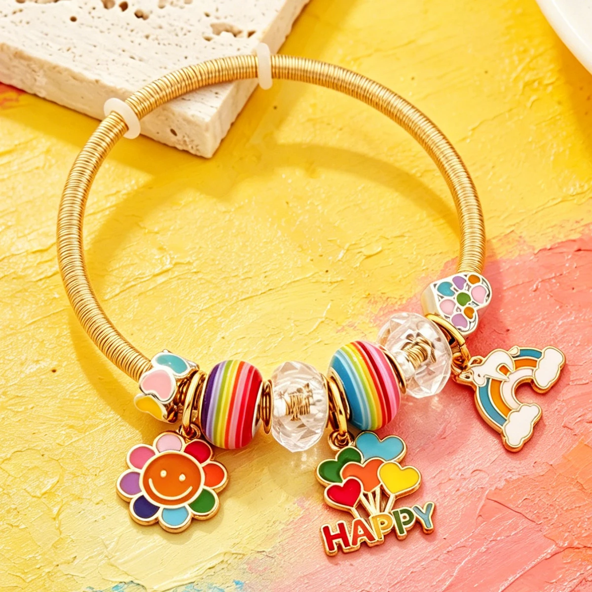 Cute Colorful Enamel Sun Flower Rainbow Cloud Happy Heart Charm Pendant Bracelet Gold Color Adjustable Stell Beads Bangle Gift
