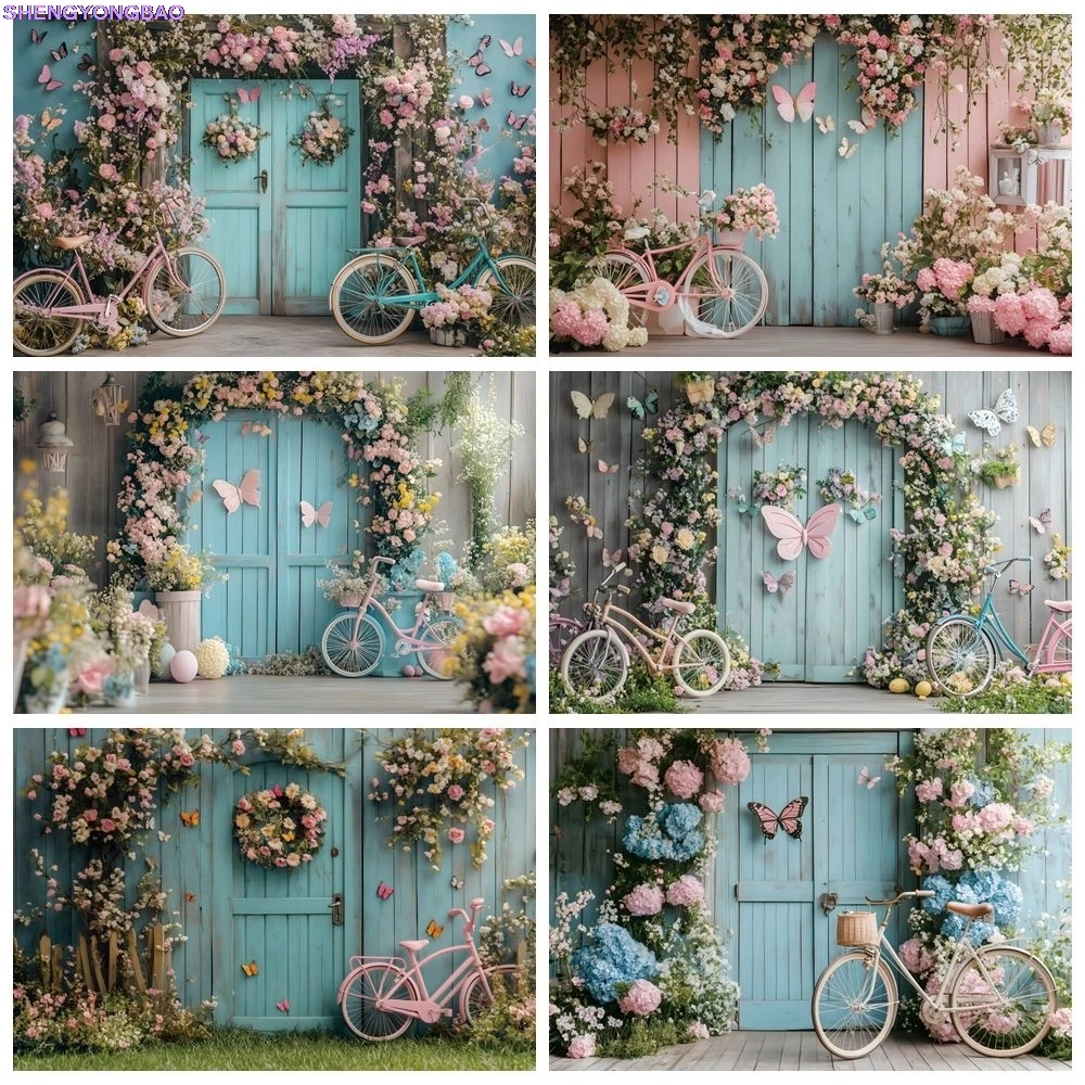 

Spring Easter Party Photography Backdrop Flowers Blue Wood Door Wedding Birthday Kids Art Portrait Wall Decor Photo Background