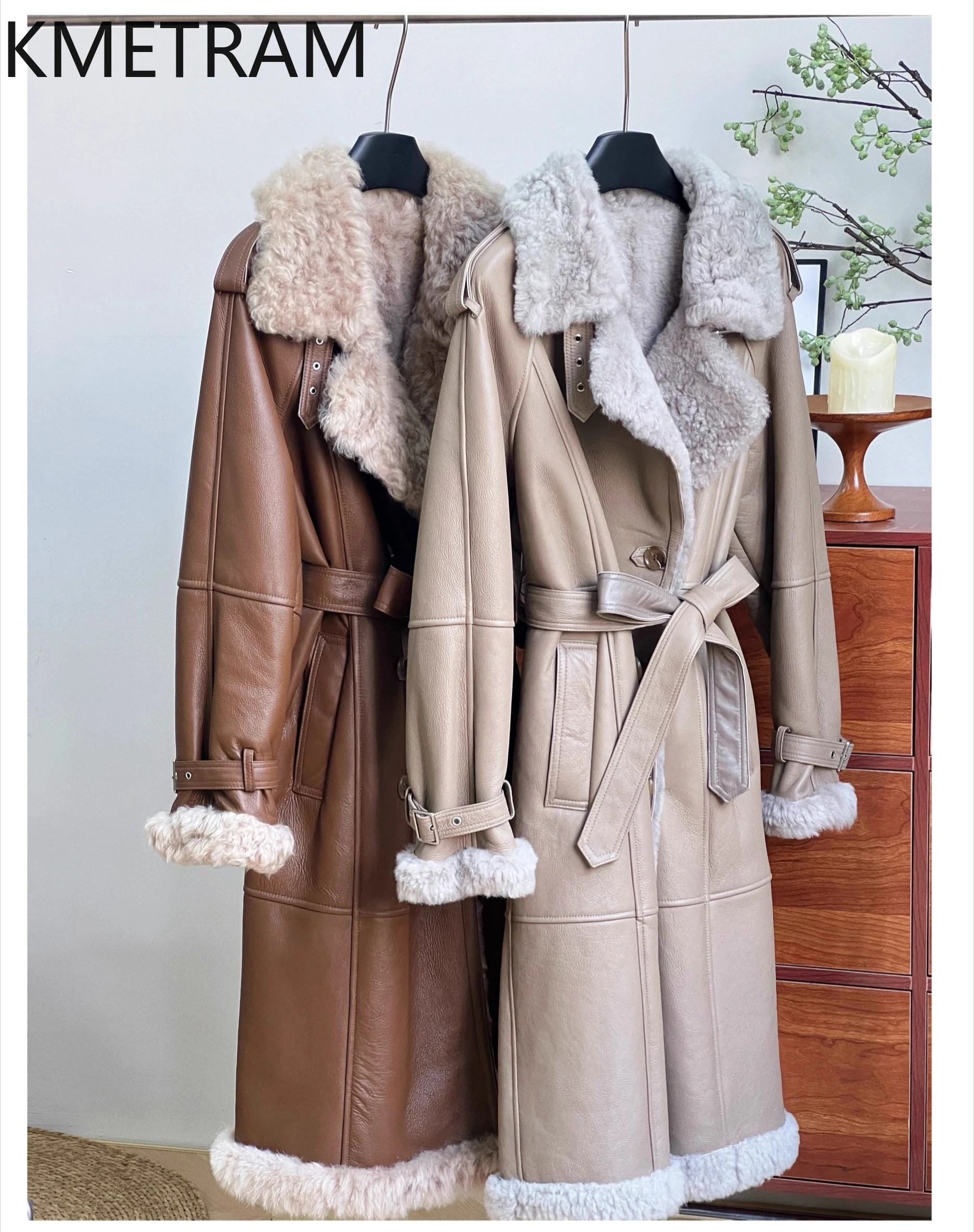 KMETRAM Natural Sheepskin with Wool Attached Coat Women Luxury Long Real Fur Coats New in Outerwears Winter Woman Clothing шуба