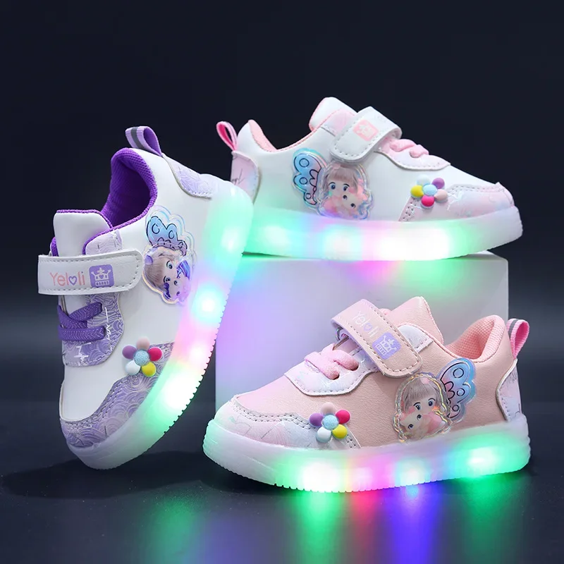 Spring New Children\'s Sports Shoes Leather Cartoon LED Illuminated Children\'s Sneakers Girls\' Casual Shoes 1-6 Years Old