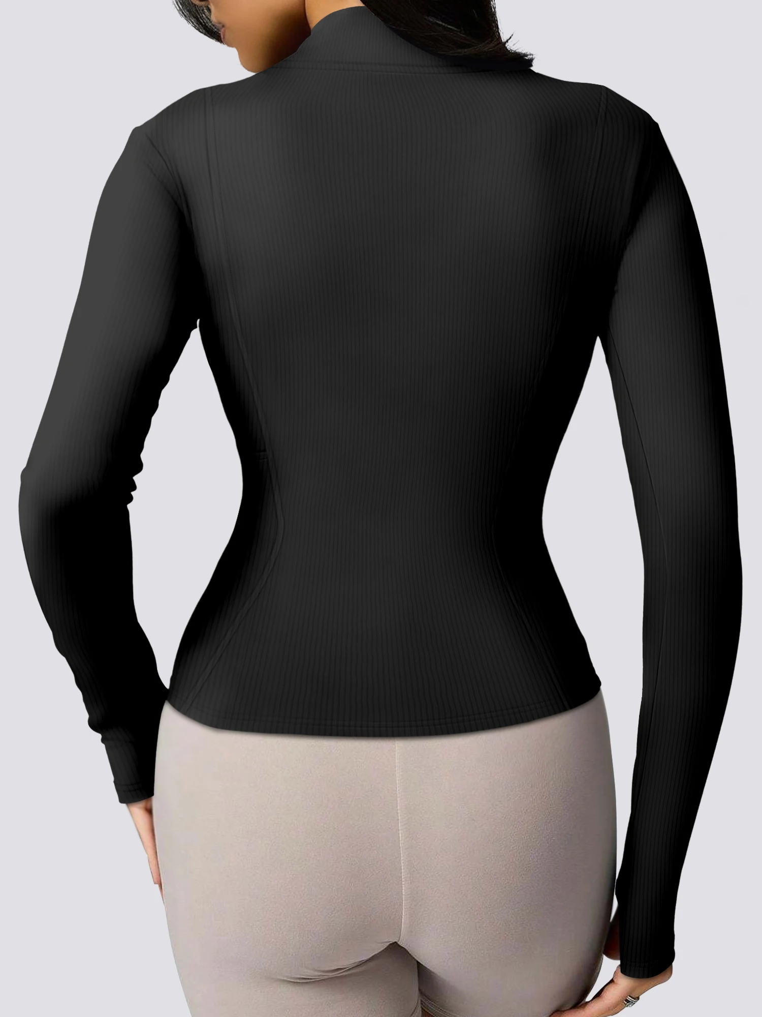 Y2K Slim Cropped Zip Jacket Ladies Rib Knit Full Zipper Long Sleeve Thumb Cuff Casual Gym Workout Crop Outer Coat