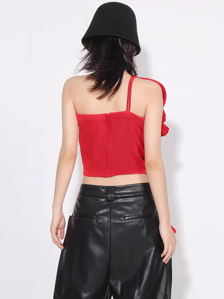 Heavy craft pleated ruffled wooden ear edge sexy missing shoulder strap top 2024 summer women's new fashion party wrap top