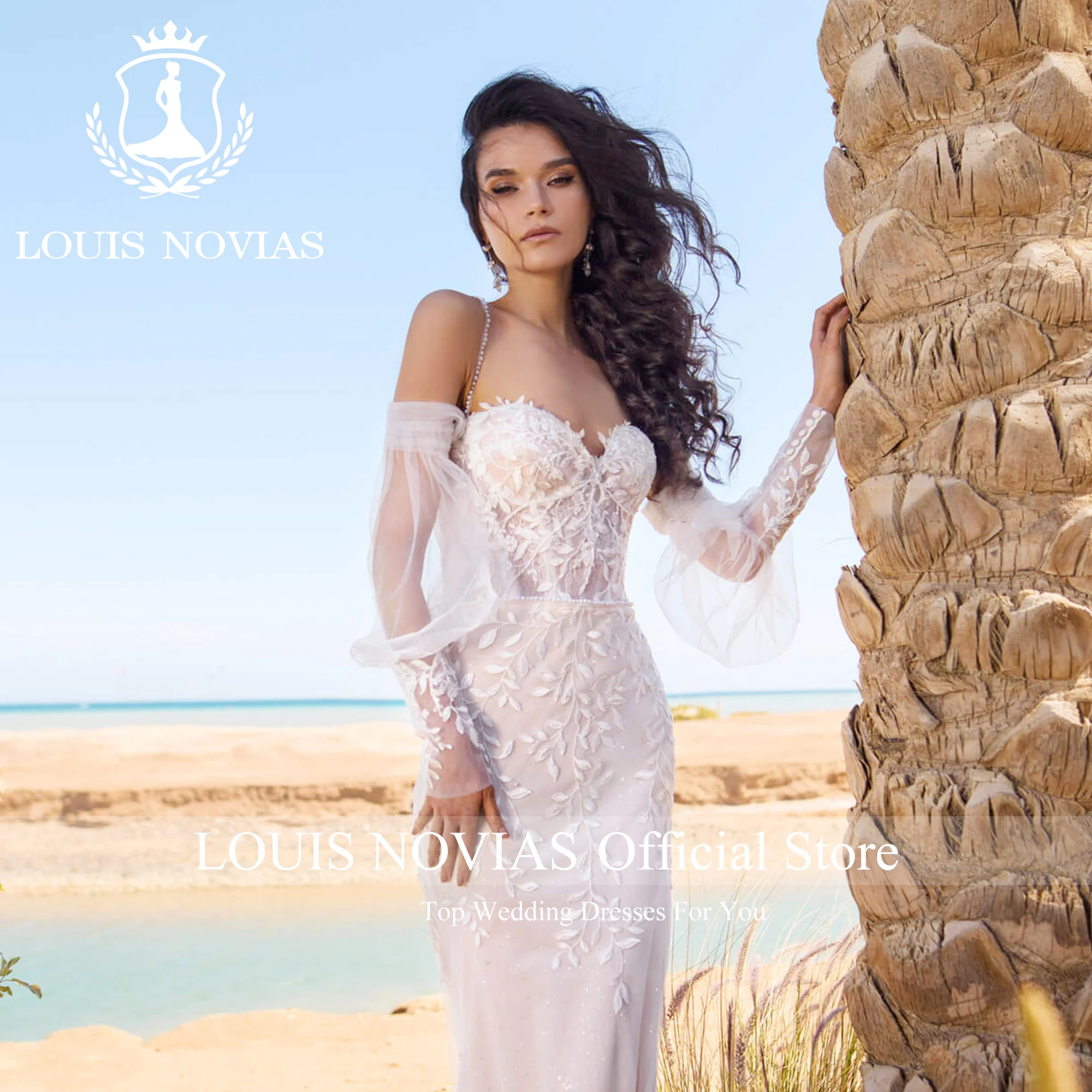 Louis novias cintas de espaguete sereia vestidos de casamento elegante deslumbrante querida destacável mangas puff apliques vestido de casamento