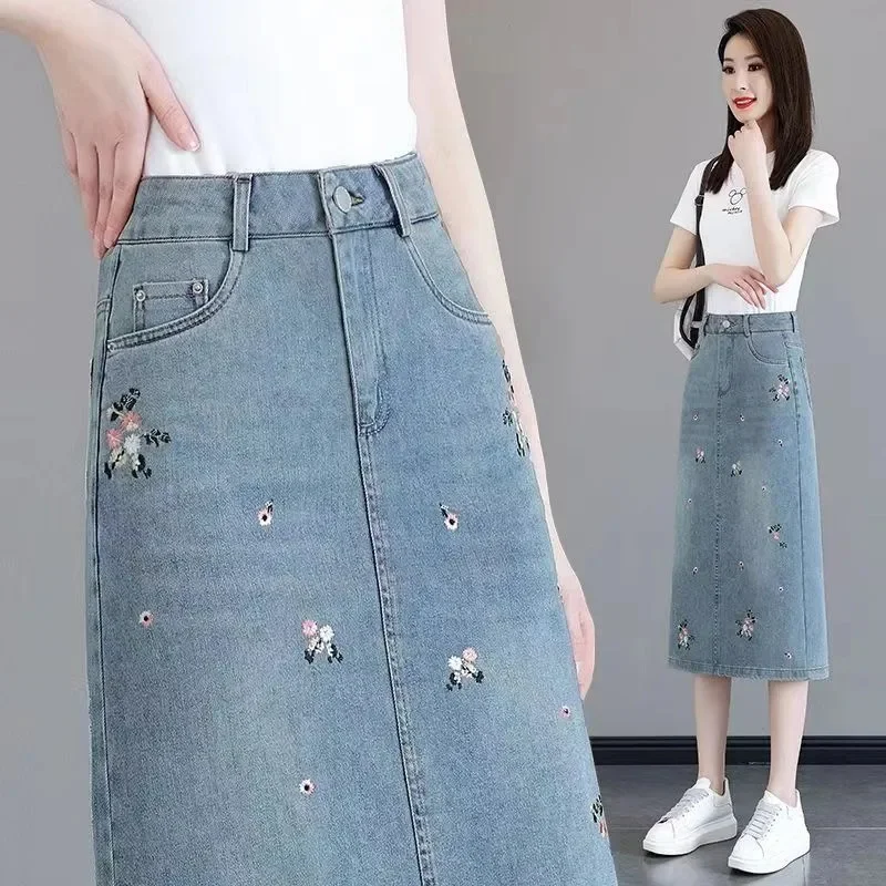 Indústria pesada bordado cowboy saia primavera/verão novo 2026 divisão de cintura alta saia de comprimento médio parece fino senhora saia emagrecimento