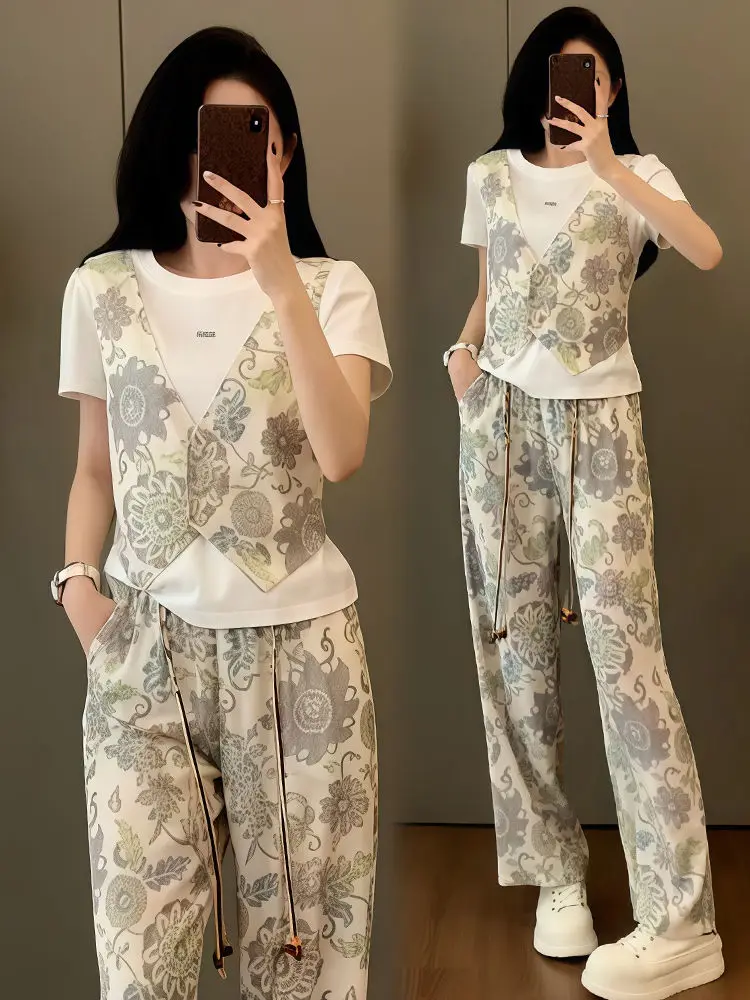 

Корейский летний женский комплект из топа с принтом и широких брюк, или комплект из двух предметов для повседневной носки, облегающий крой