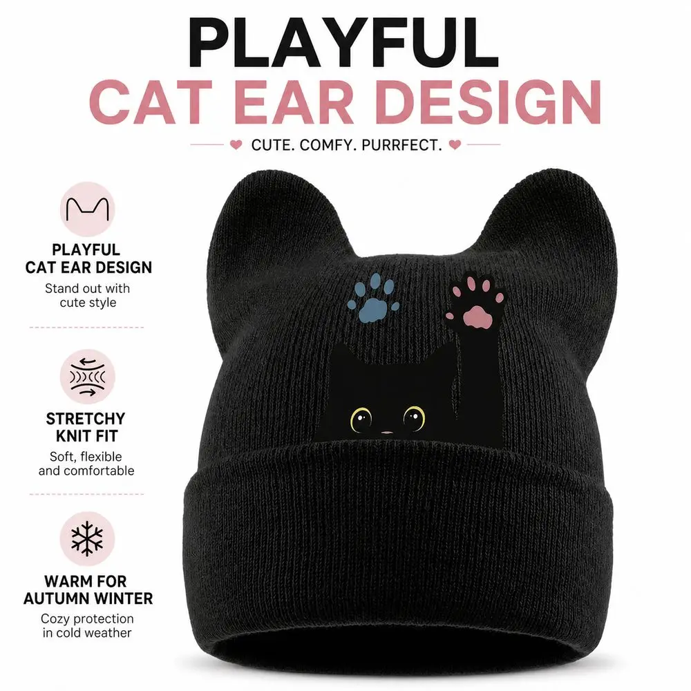 New Knit Cat Ear Beanie Hat Y2K Harajuku Punk Gothic Winter Knit Hat Stretchable Brimless Skull Cap Casual Streetwear