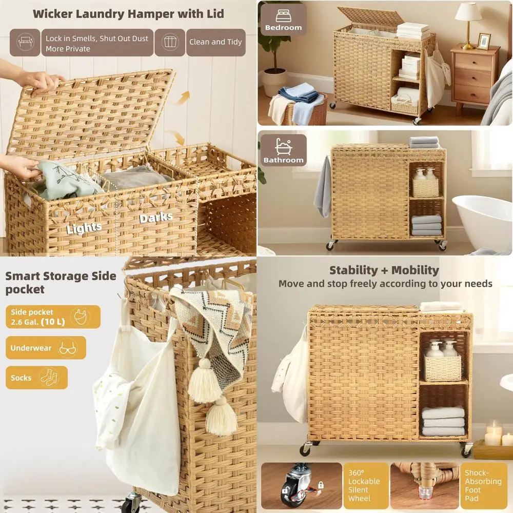 

160L Wicker Laundry Hamper with Lid and Wheels, 2-Section Storage Basket with Removable Liner
