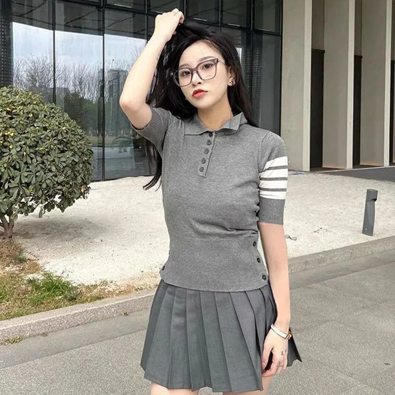 

Summer Vintage Polo-neck Striped Patchwork Tshirt Women Fashion Loose Button Short Sleeve Top Tee Office Lady Thin Knit Pullover