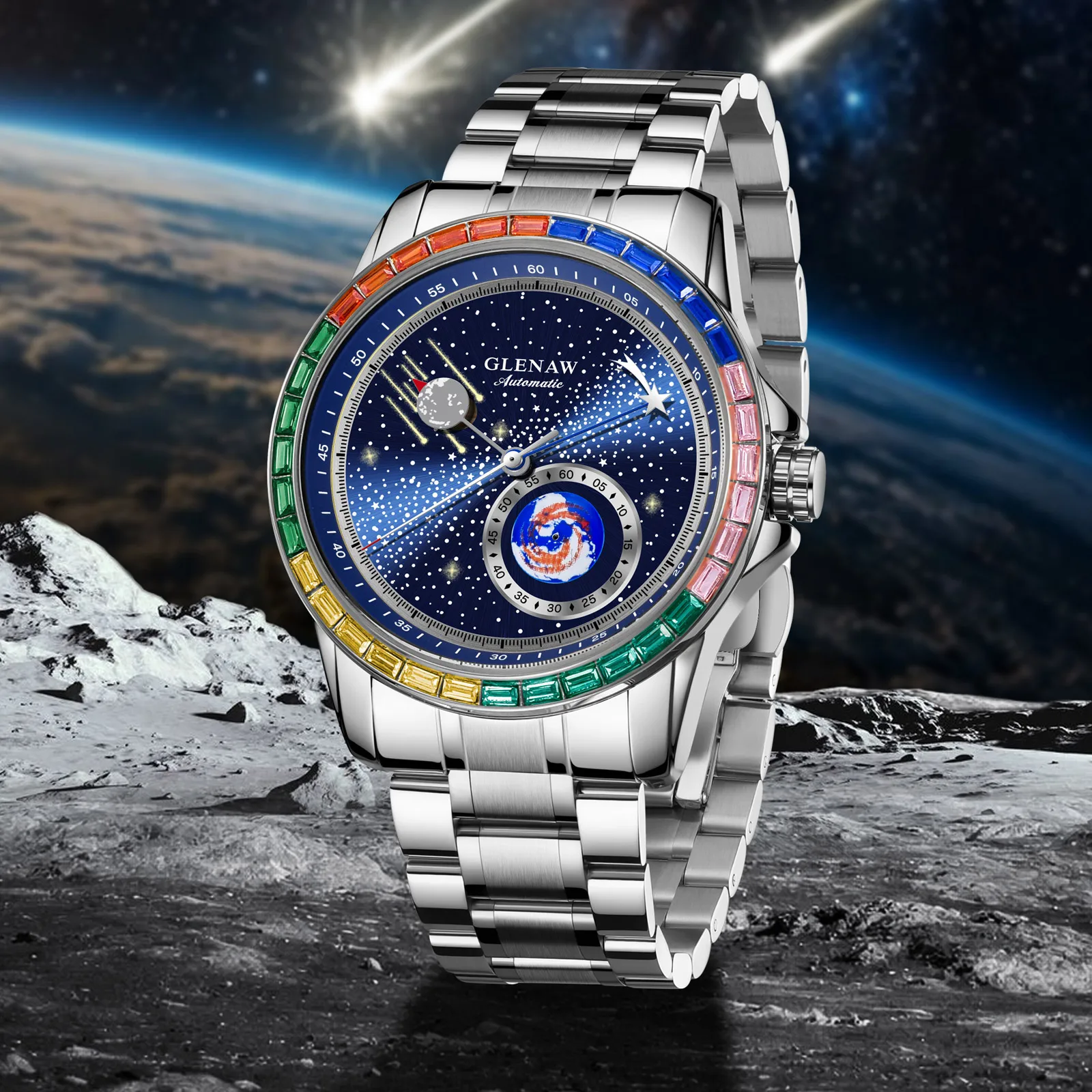 GLENAW Design Nouvelle Montre Mécanique Rotative Terre Rotative pour Homme, Cadran Météor, Montre Automatique Étanche avec Lumière Nocturne, Luxe Supérieur