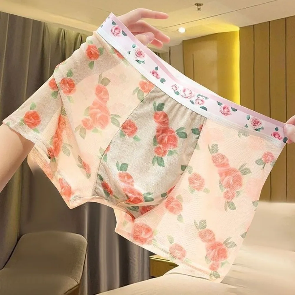 

Print Panties Ice Silk Men Underwear Ultra Thin Lingerie Mesh Boxer Shorts Transparent Summer See Through Underwear Casual Wear