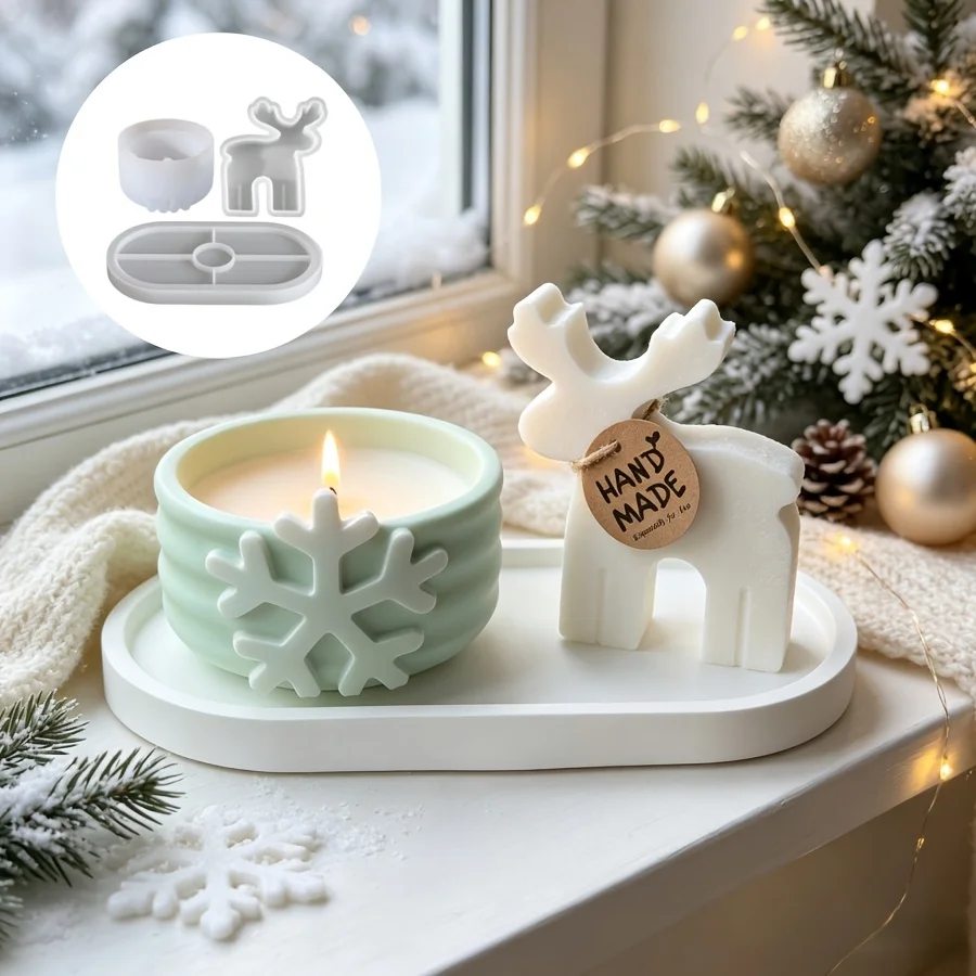 Resin silicone mold three-piece set:Christmas deer,snowflake storage box, nd oval tray, suitable for crafts like resin, wedding