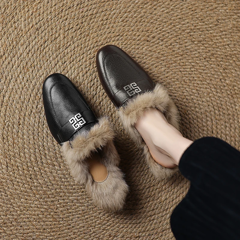 

Genuine leather（sheepskin rabbit fur) Autumn and winter women mules slipper Cover Toe Elegant Slippers Low heel Casual Loafers