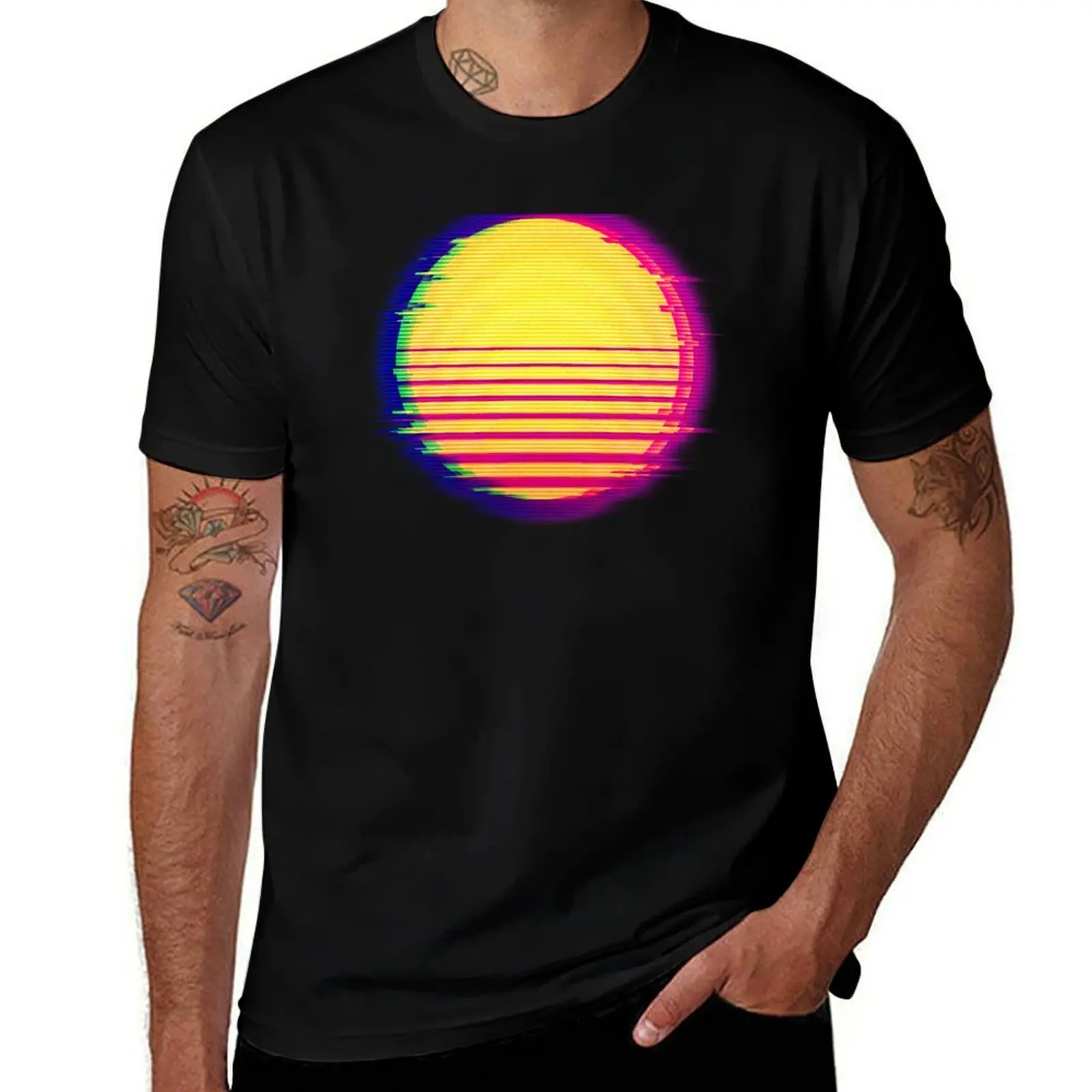 Retro Sun Vaporwave Synthwave Glitch Aesthetic T-Shirt Vintage Print Crew Neck Tee T-Shirt