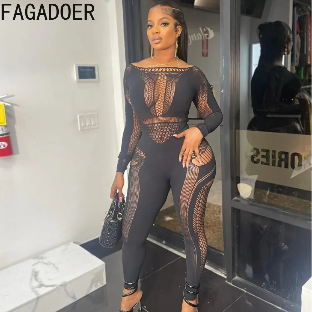

FAGADOER Black Sexy Thick Lace Hollow Out Bodycon Jumpsuits Women Round Neck Long Sleeve Hole Playsuit Fashion Nightclub Overall