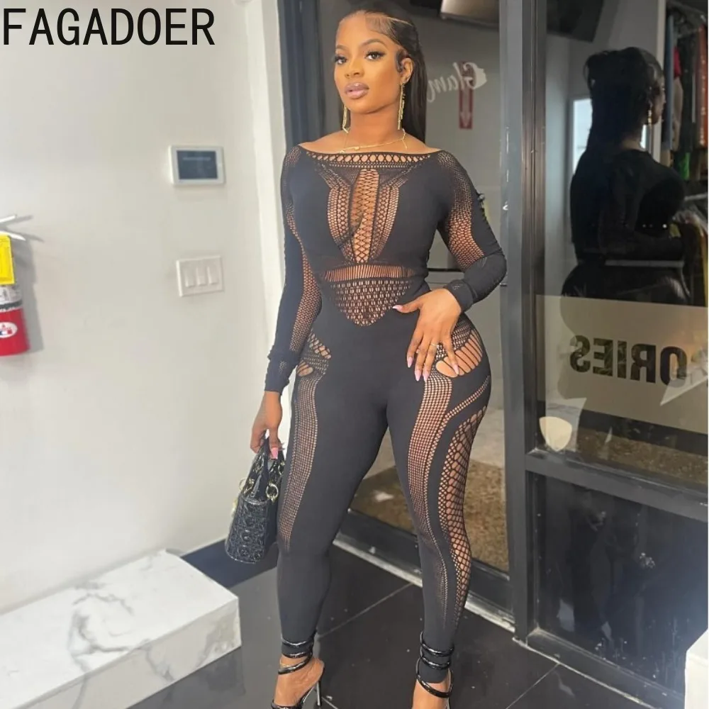 FAGADOER Black Sexy Thick Lace Hollow Out Bodycon Jumpsuits Women Round Neck Long Sleeve Hole Playsuit Fashion Nightclub Overall