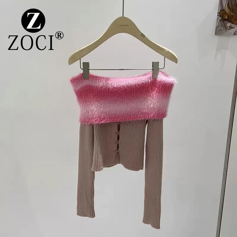 [ZOCI] Knitted Gradient Color, High Grade, Large Collar, One Shoulder, Short, Sweater