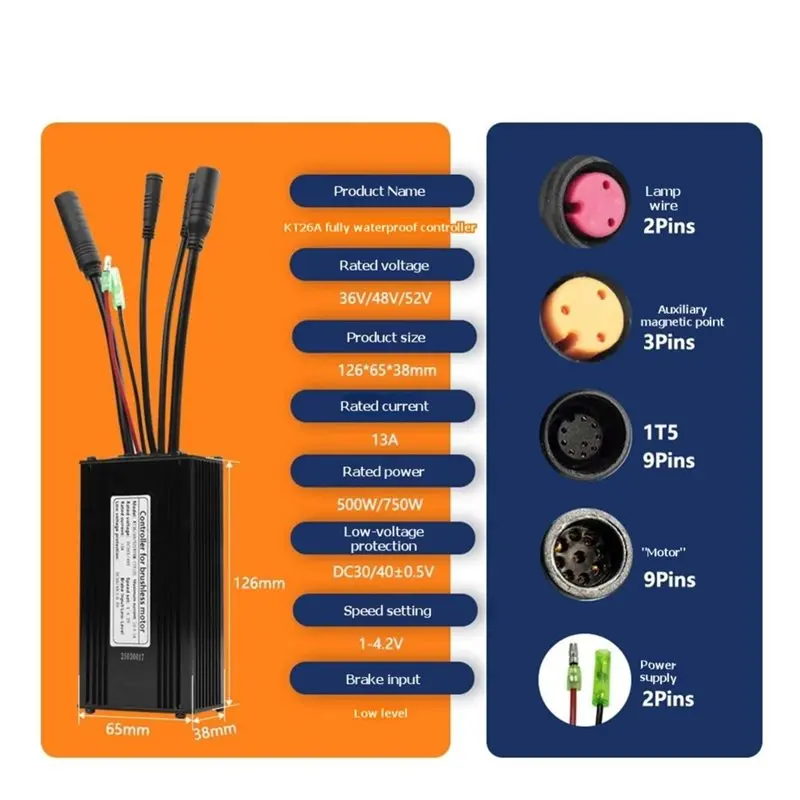 AT29-KT-26A Brushless Motor Controller+ 1-To-5 Connector Cable 36V 48V 500W 750W Sine Wave Mountain Bike Controller