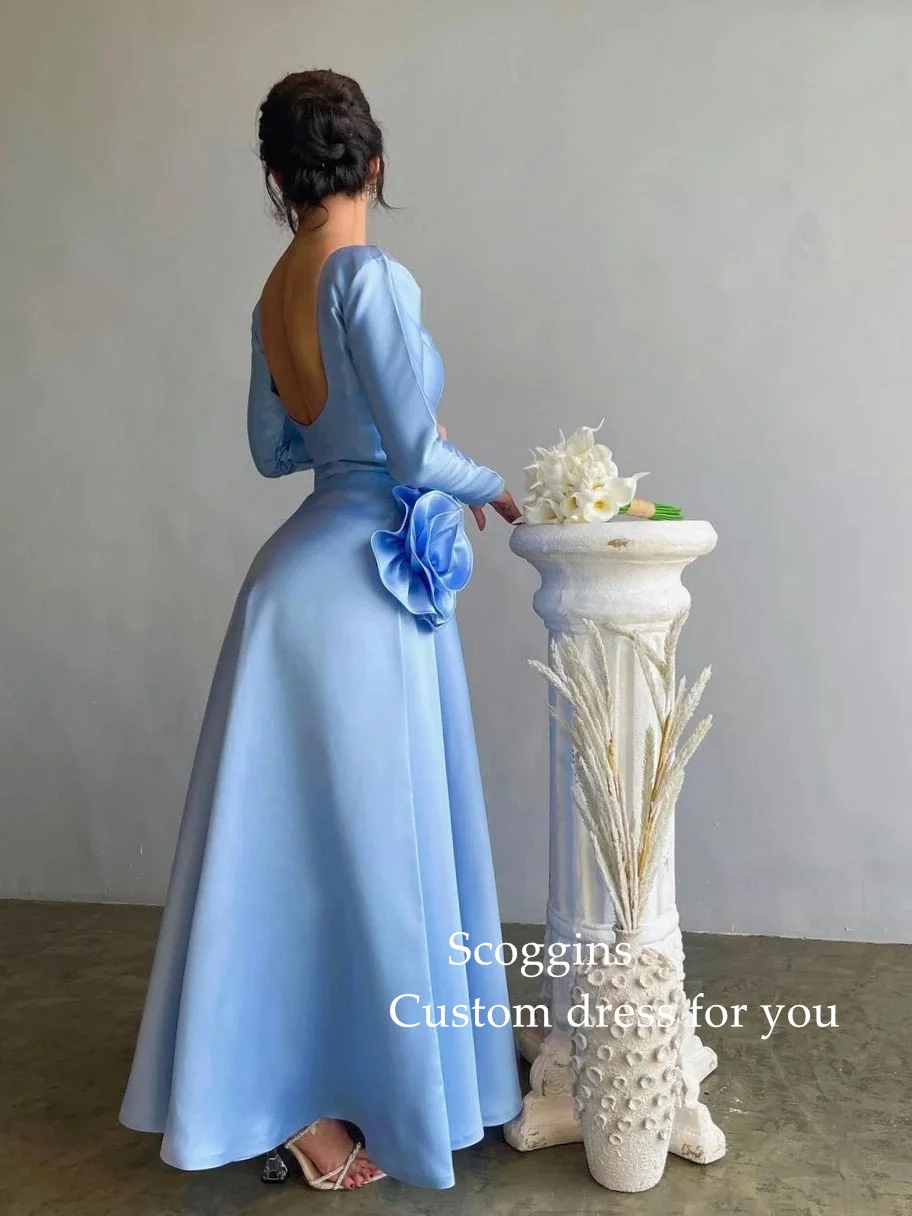 Scoggins Robes Bal De Promo wedding dress Sexy Blue Flower Backless A-Line Customize Formal Occasion Prom Dress Evening Party